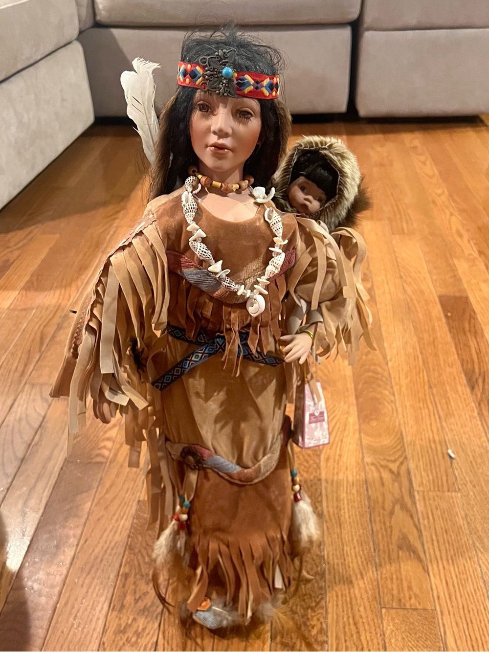 Sweet Dreams Brown Fringed Doll with Colorful Beaded Headband and Shell Necklace